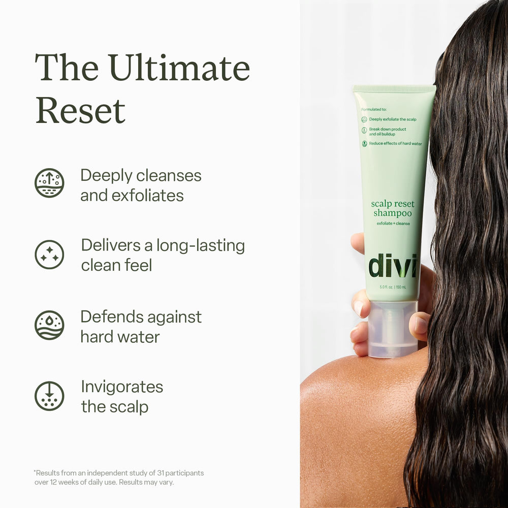 divi champú: partículas exfoliantes visibles que eliminan residuos de productos.