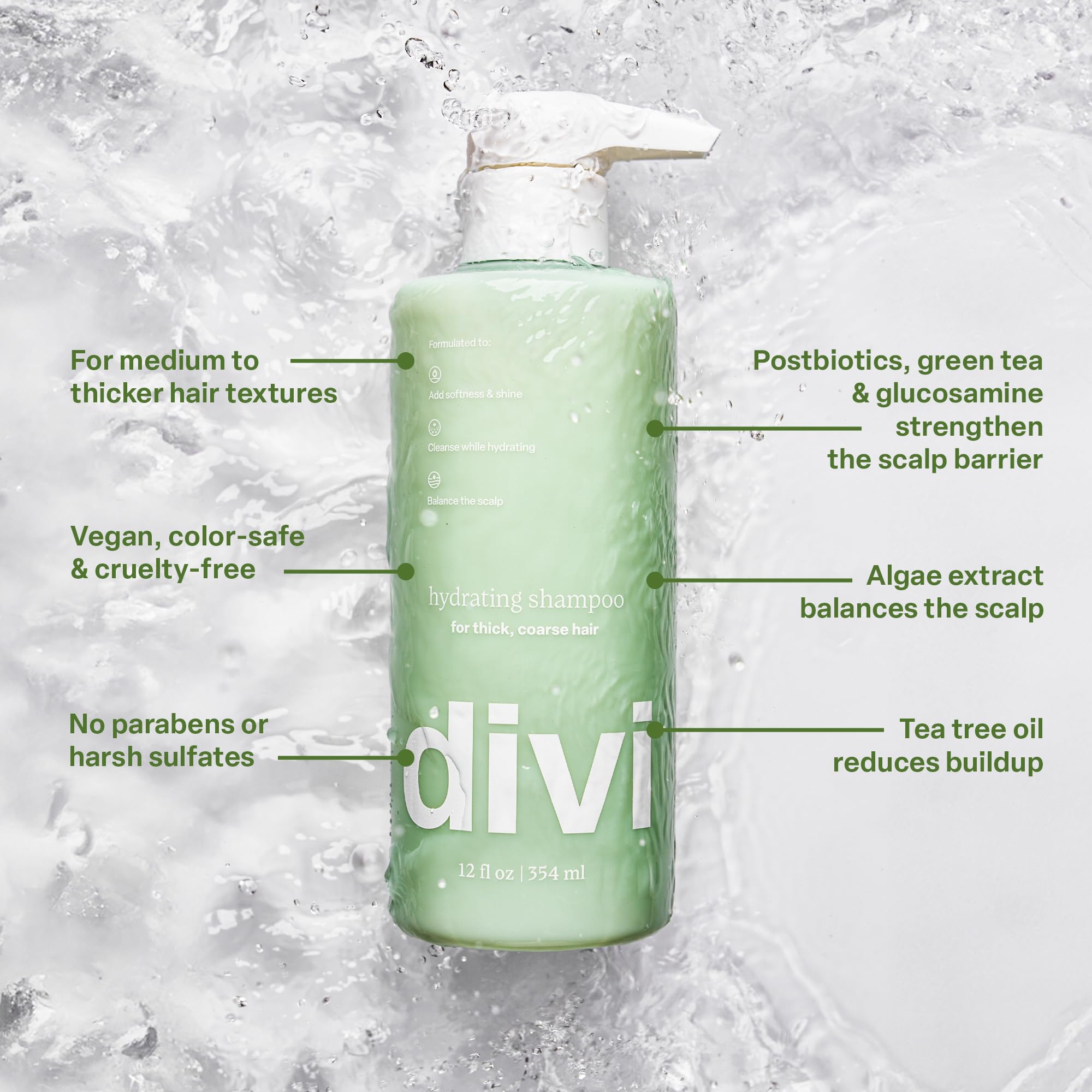 Divi Champú Hidratante: extracto de alga que nutre el cabello.