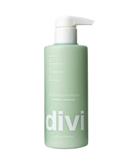 Divi Champú Hidratante: botella vertiendo producto para balance del cuero cabelludo.