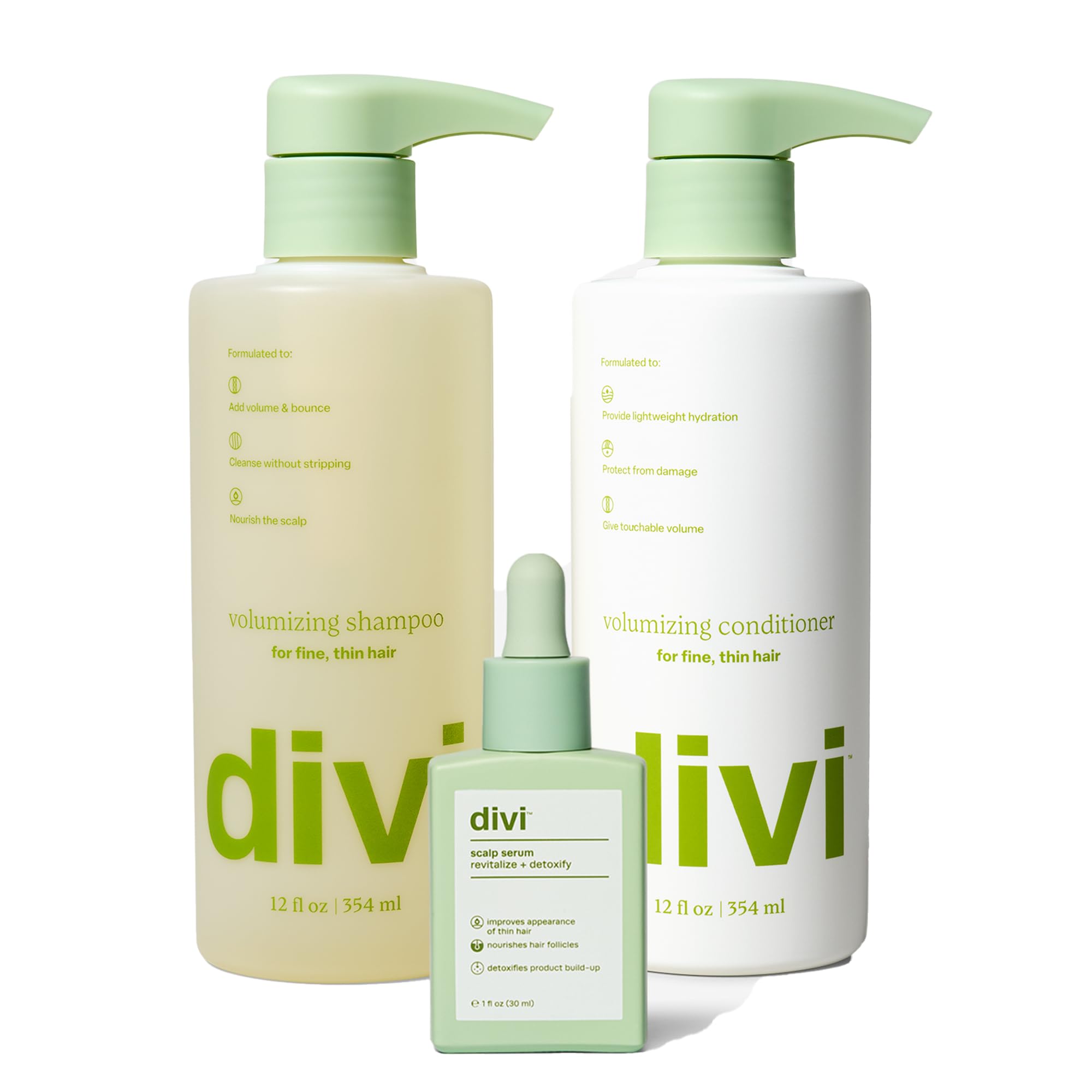 Divi champú voluminizador en botella, aporta cuerpo al cabello fino.