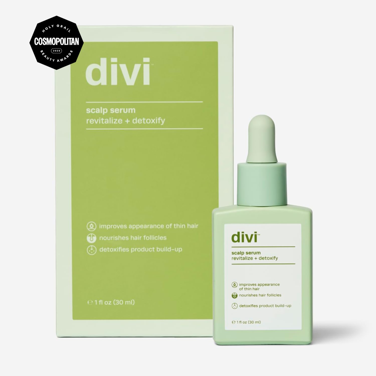 Divi Serum: aplicación diaria en cuero cabelludo para sensación fresca.