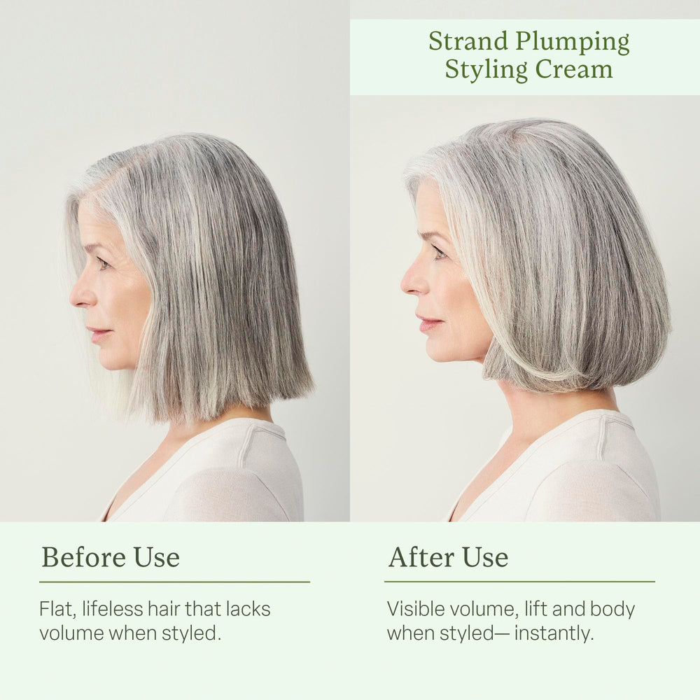Divi Strand Crema de Peinado, muestra de acción doble para engrosar las hebras.