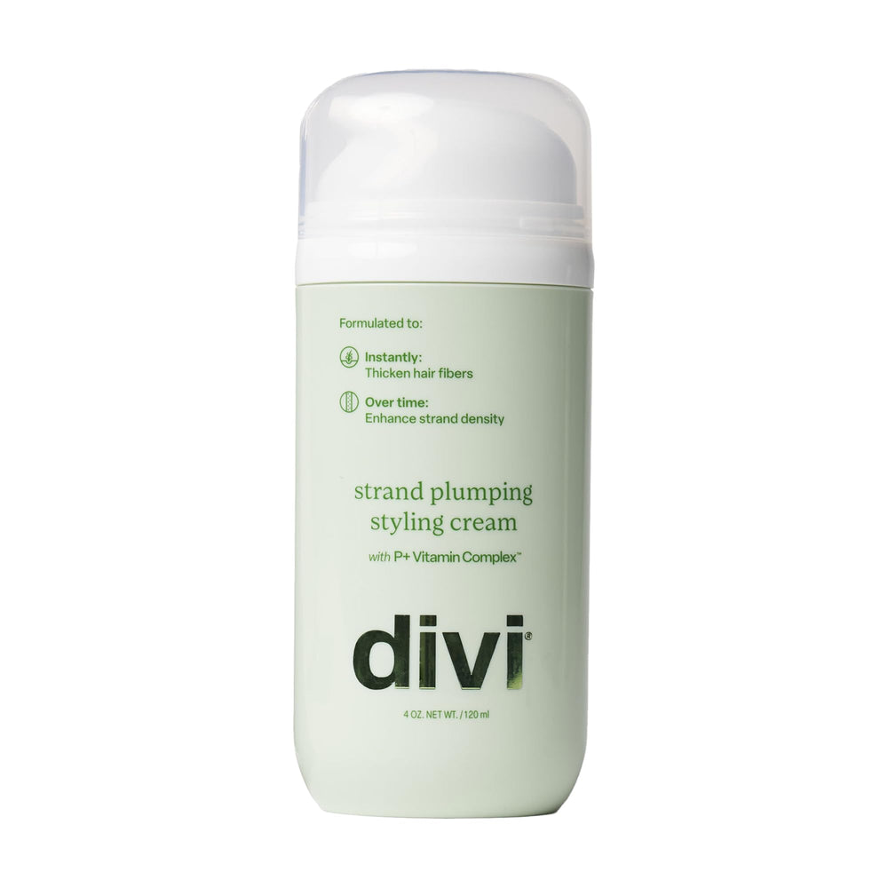 Divi Strand Crema de Peinado, botella con enfoque en volumen inmediato para cabello fino.