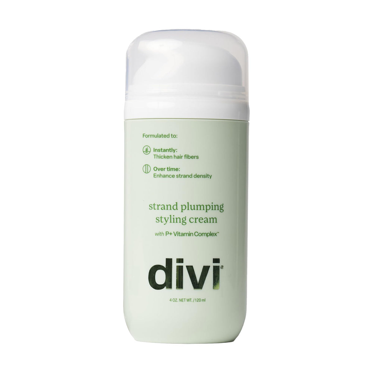 Divi Strand Crema de Peinado, botella con enfoque en volumen inmediato para cabello fino.
