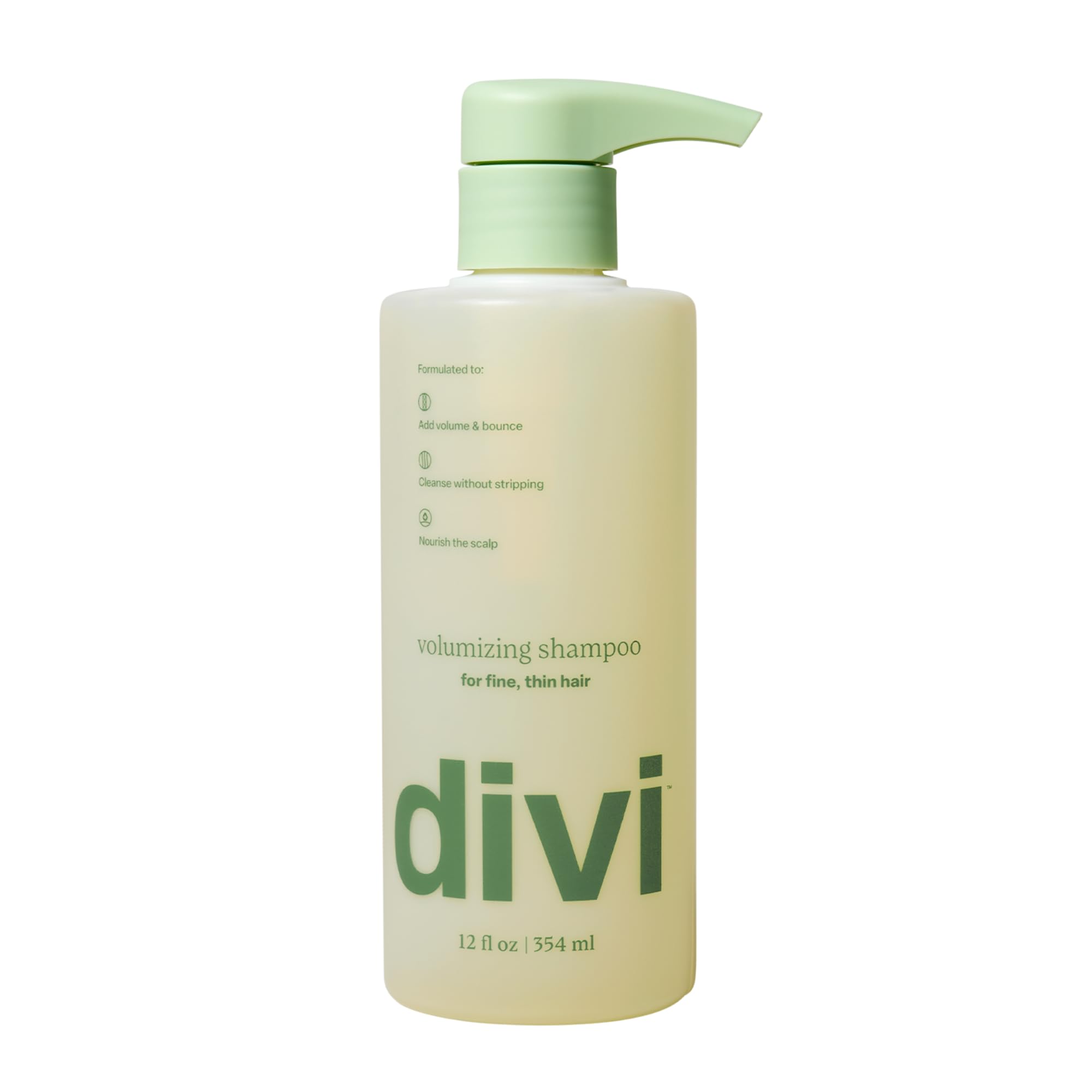 Divi Volumen Shampoo botella en lavabo para uso diario y limpieza suave.
