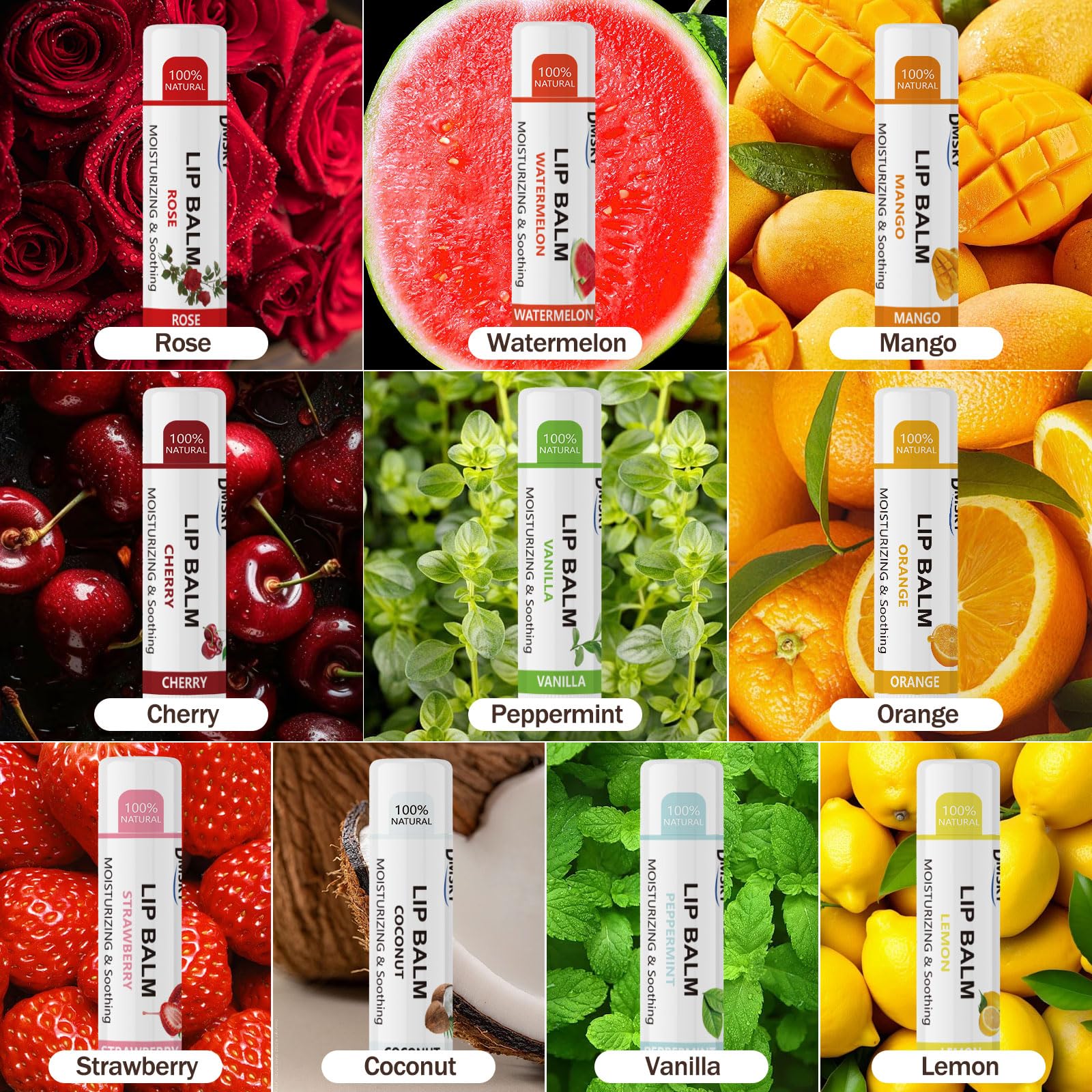 Bálsamo labial Dmsky con 10 sabores para distintos gustos.