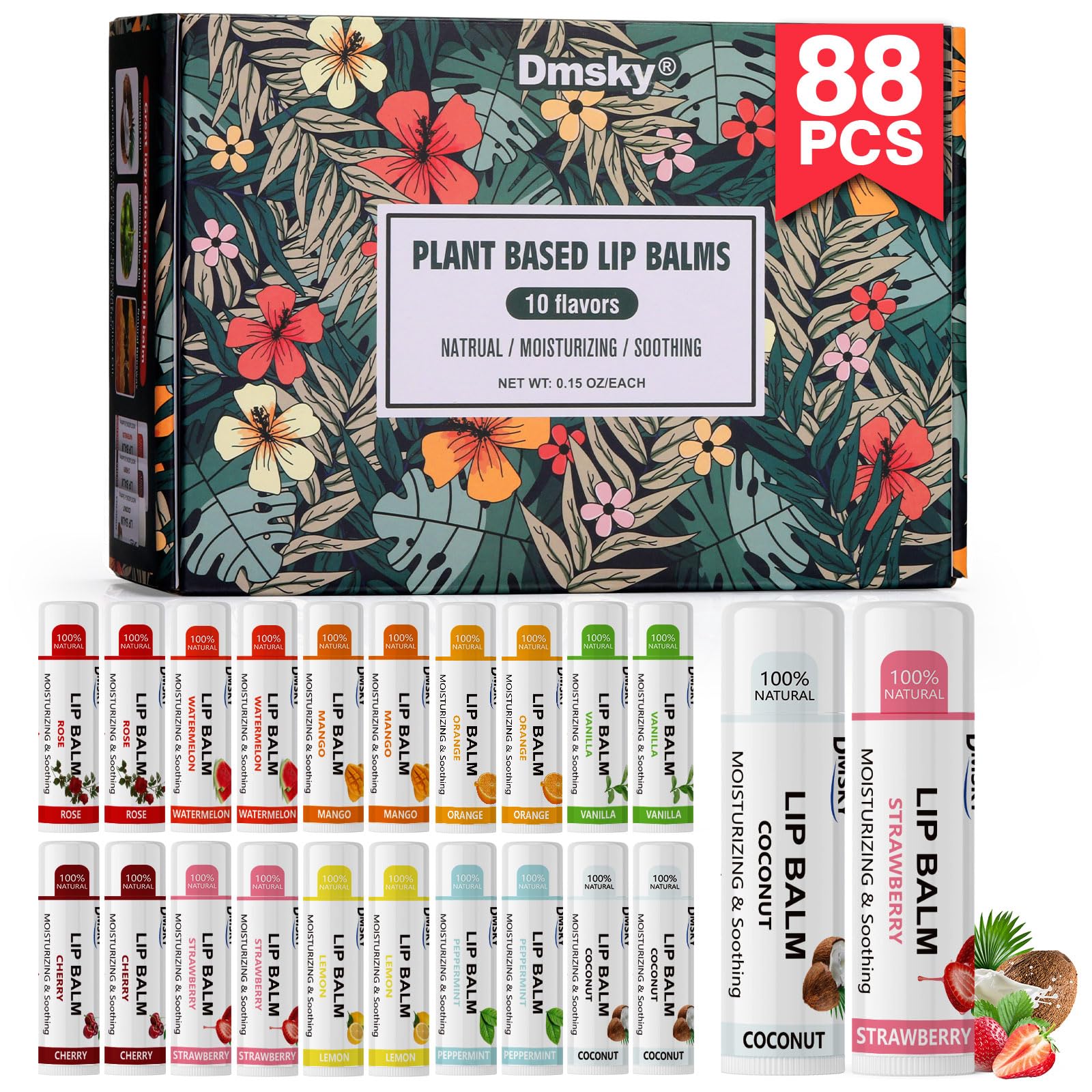 Bálsamo labial Dmsky 88-pack en empaque colorido para regalo y uso diario.