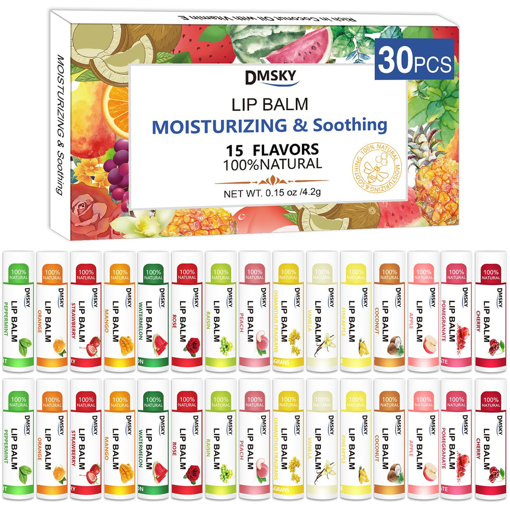 Bálsamo labial Dmsky con variedad de 15 sabores para hidratar labios.