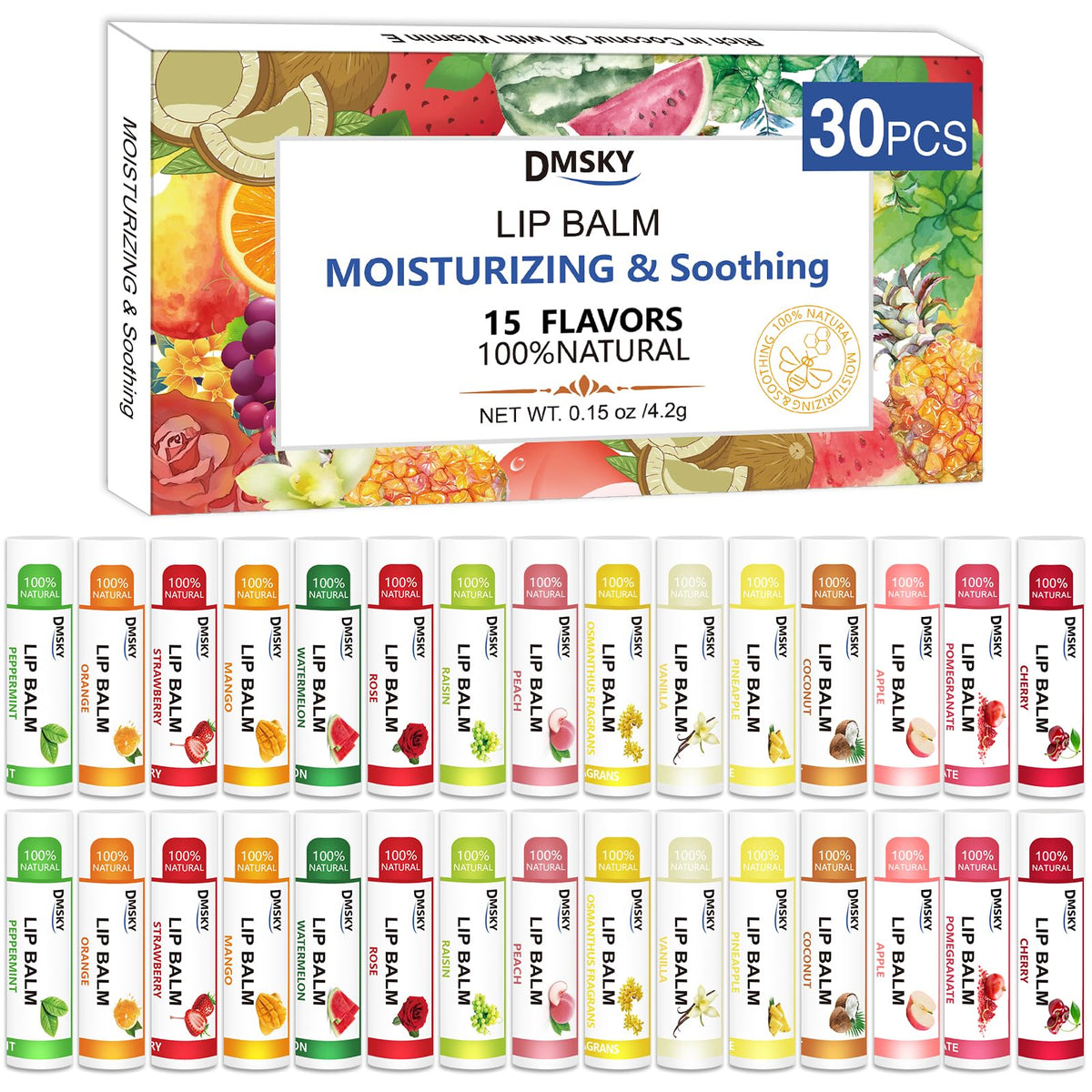 Bálsamo labial Dmsky con variedad de 15 sabores para hidratar labios.