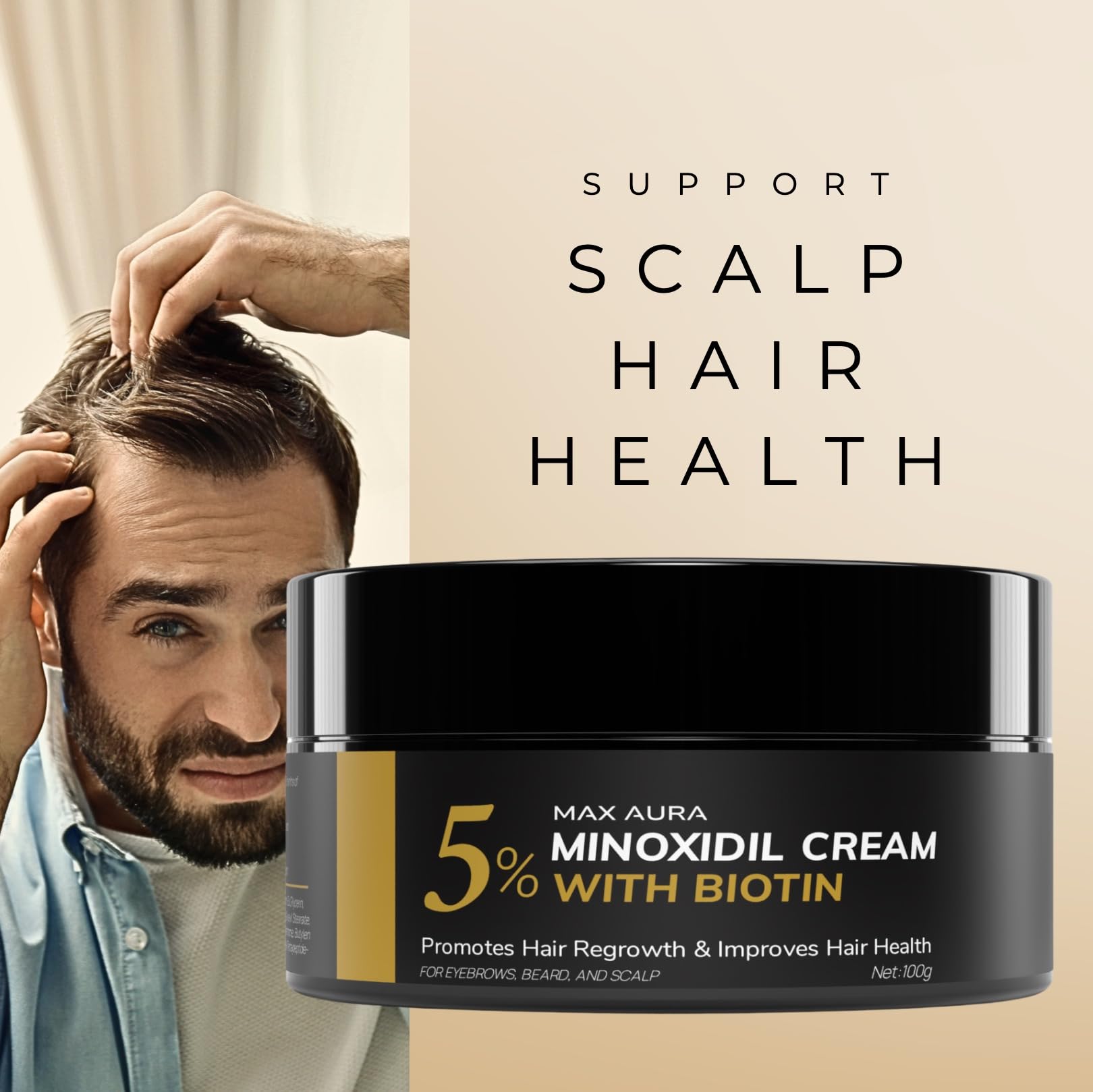 DNKTNK MAX AURA crema minoxidil 5% biotina, apoyo para la línea capilar.