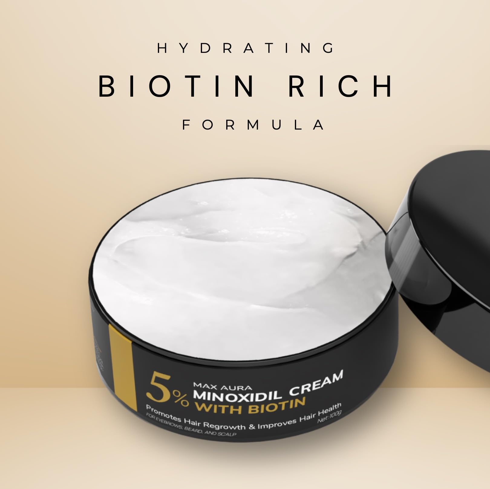 DNKTNK MAX AURA crema minoxidil 5% biotina, textura no grasa, uso diario cómodo.