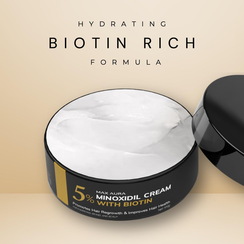 DNKTNK MAX AURA crema minoxidil 5% biotina, textura no grasa, uso diario cómodo.