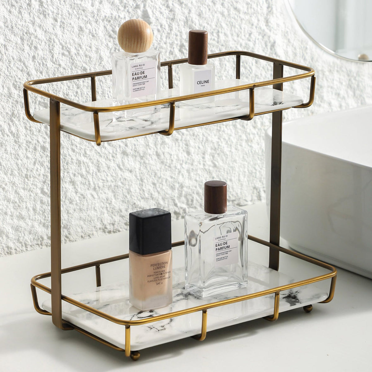 Organizador de encimera Dobbyby con marco dorado para baño.