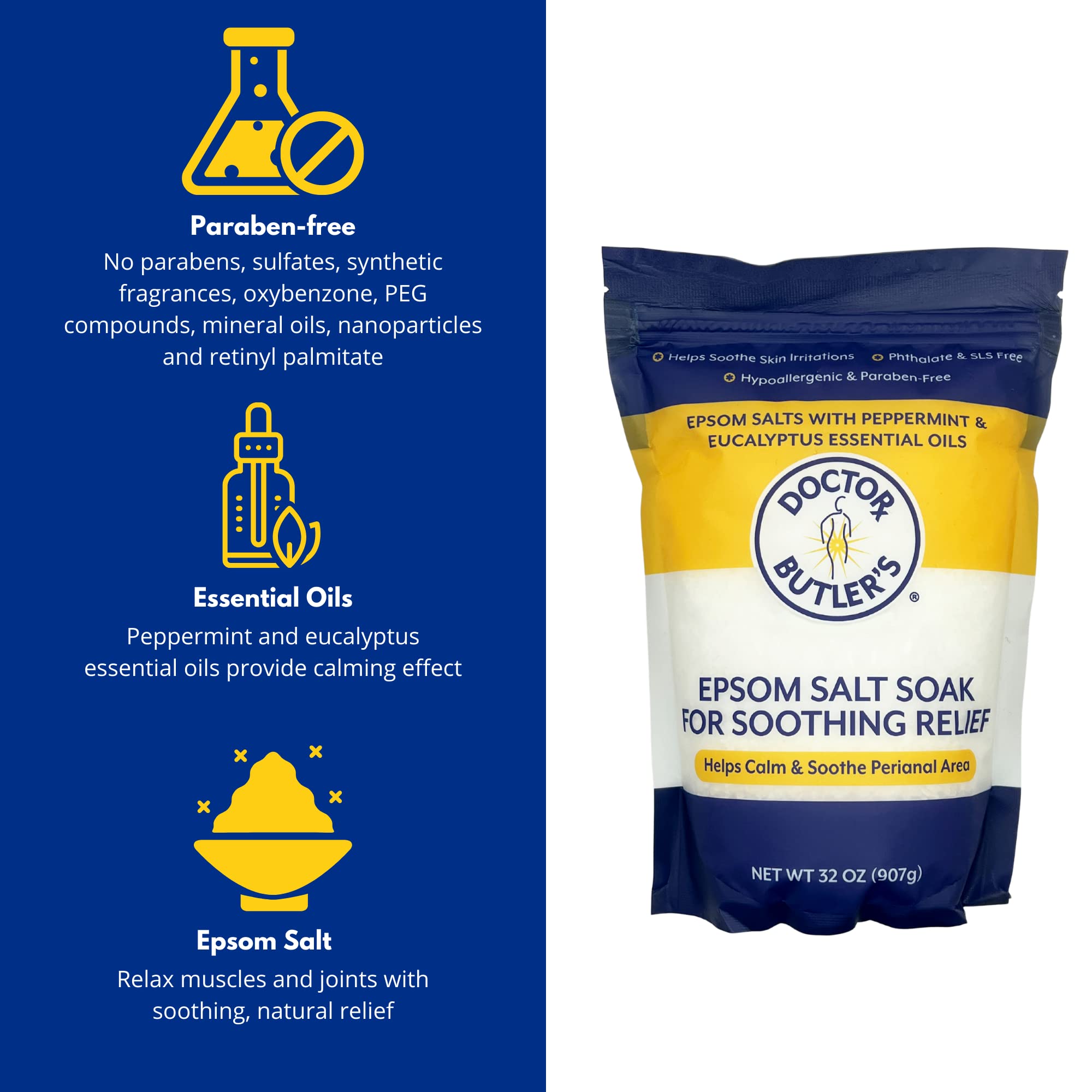Doctor Butler’s Sels d’Epsom pour postpartum, douceur et récupération lors du bain.