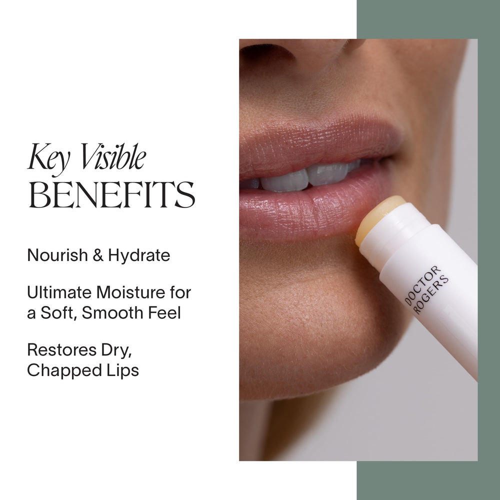 Doctor Rogers Lip Balm tube close-up shows creamy texture for dry lips.