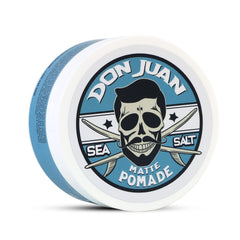 Don Juan pomada con sal marina, enfoque en empaque compacto para viaje.