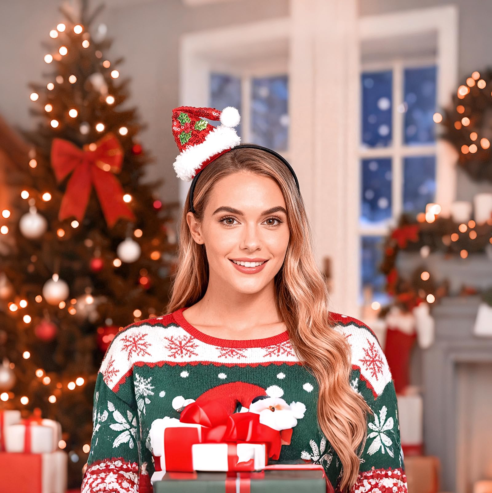 Doneace diadema navidad en uso femenino, ideal para eventos.
