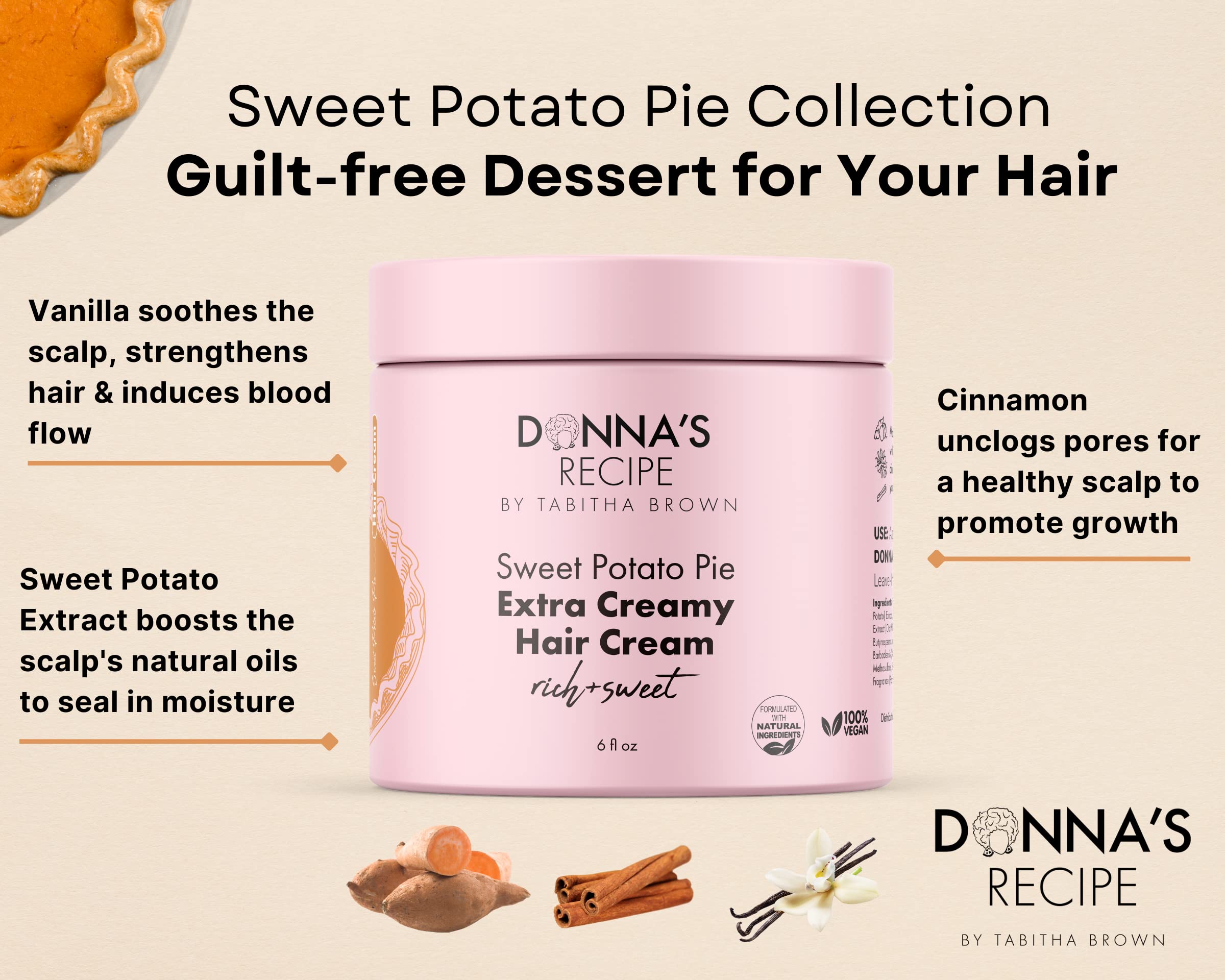 Donna's Recipe por Tabitha Brown crema para el cabello Pie de Camote, aroma a vainilla suave