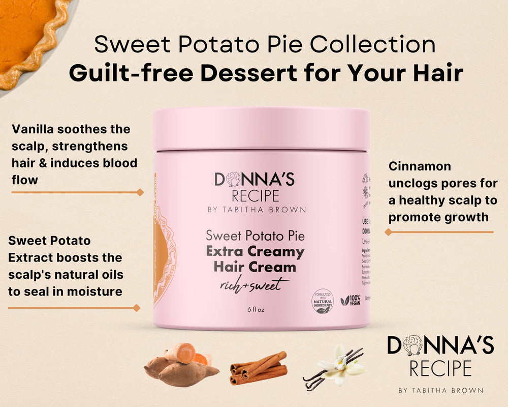 Donna's Recipe por Tabitha Brown crema para el cabello Pie de Camote, aroma a vainilla suave