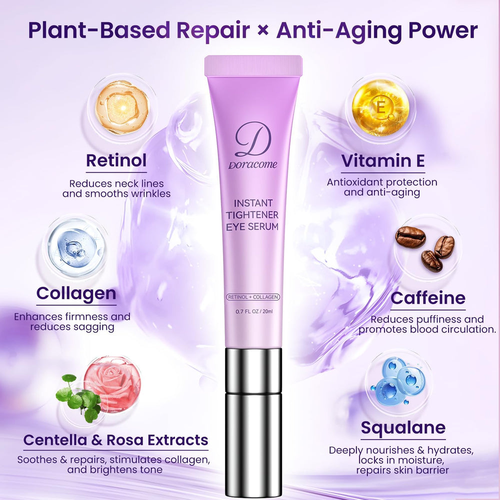 Doracome suero cafeína y retinol, aplicador suave en el contorno de ojos; hidratación ligera.