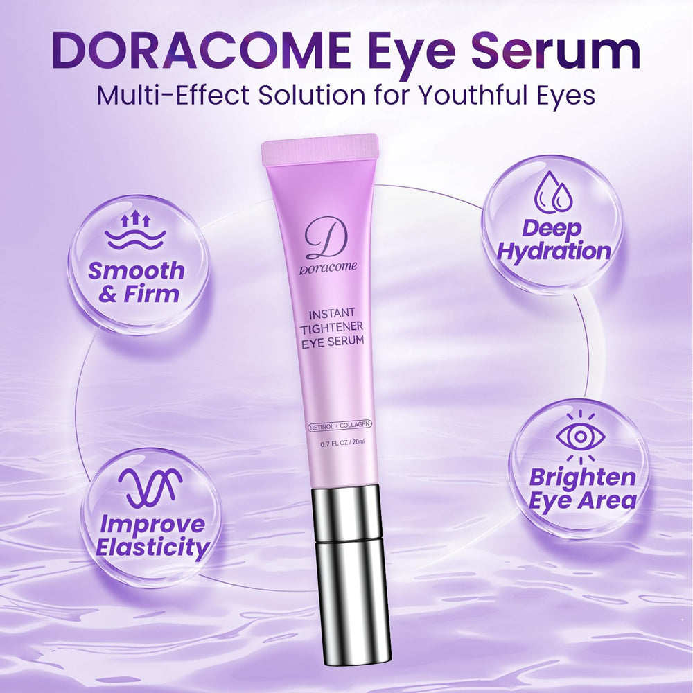 Doracome suero para ojos, envase y etiqueta visibles para uso diario.