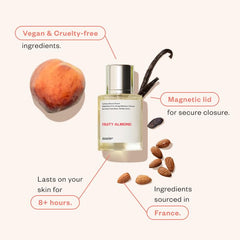 Dossier Almendra Frutada, detalle del frasco que transmite lujo y refinamiento.