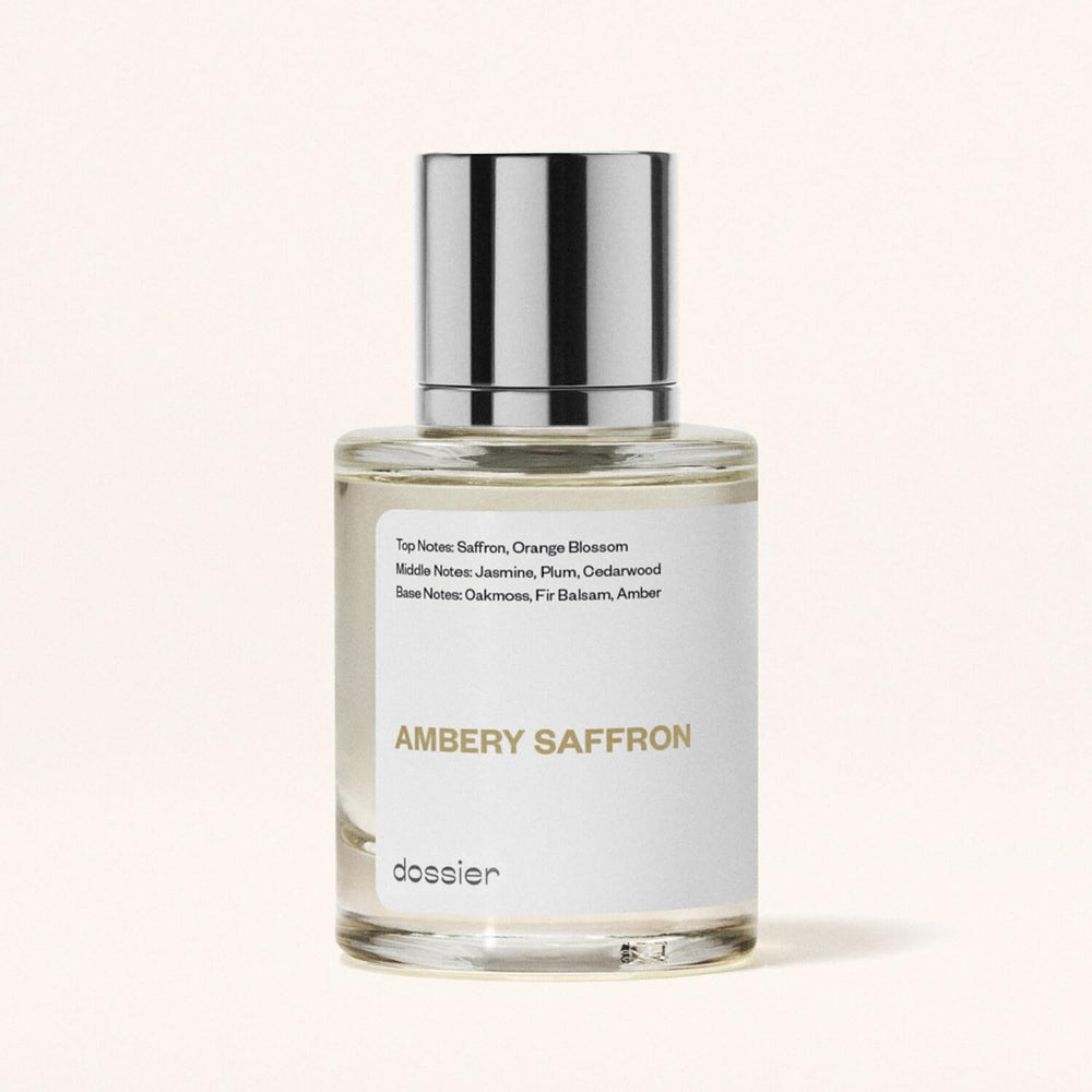 Dossier Ambery Saffron, tapa del frasco, presentación elegante