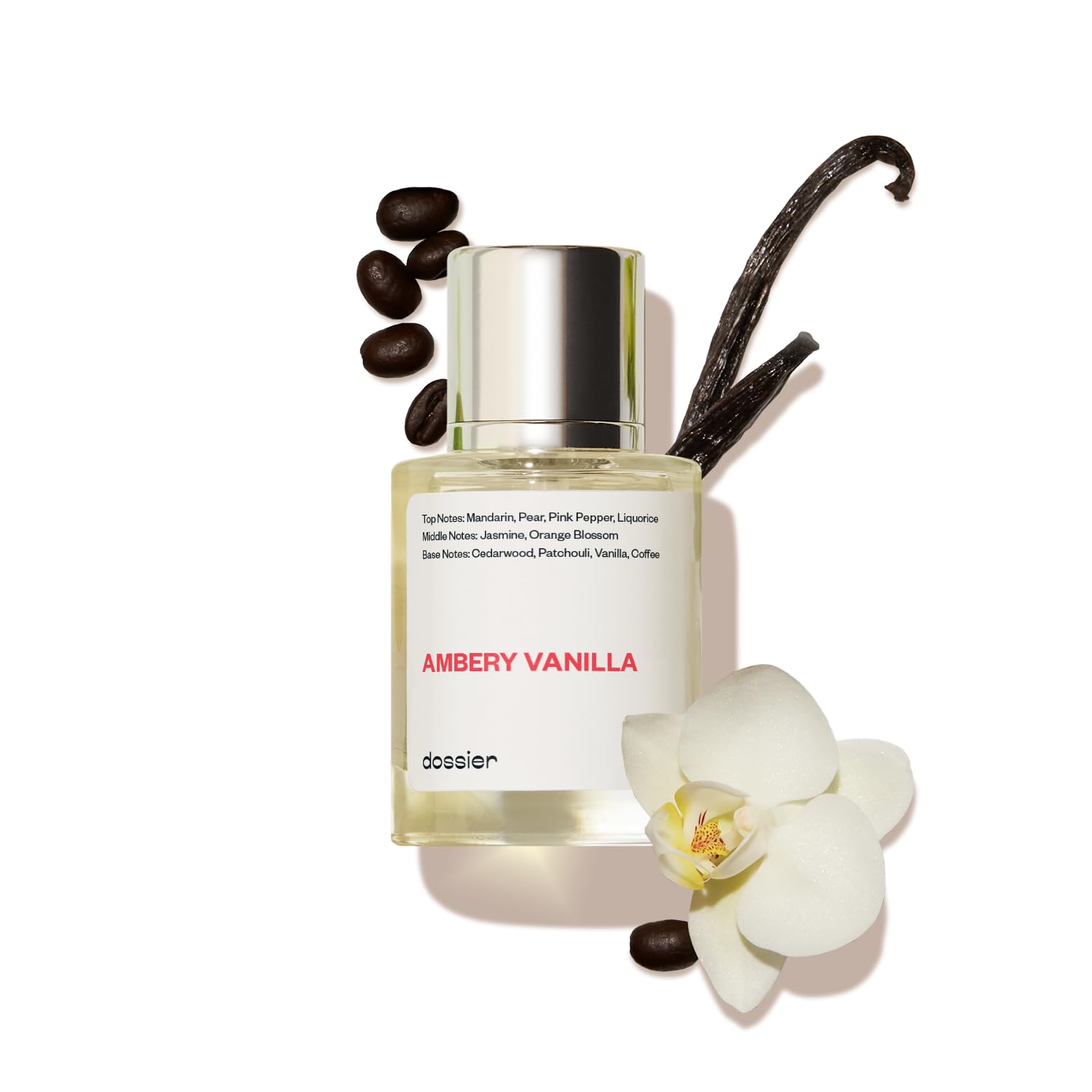 Dossier Ambery Vanilla bottle front view, suggesting an elegant evening fragrance.