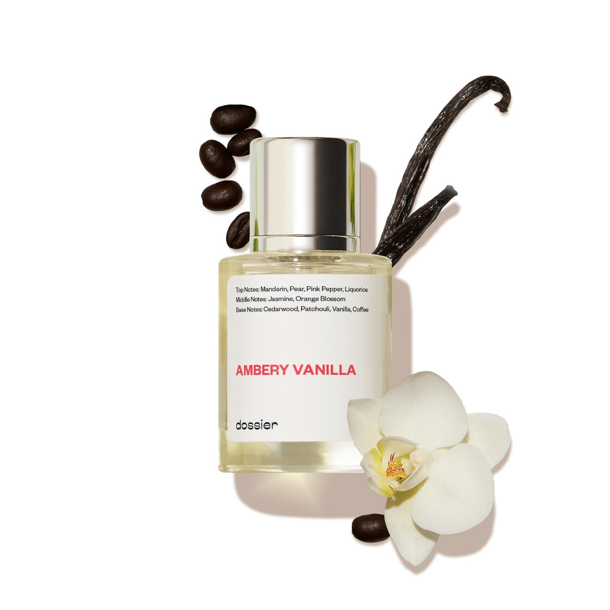 Dossier Ambery Vanilla bottle front view, suggesting an elegant evening fragrance.