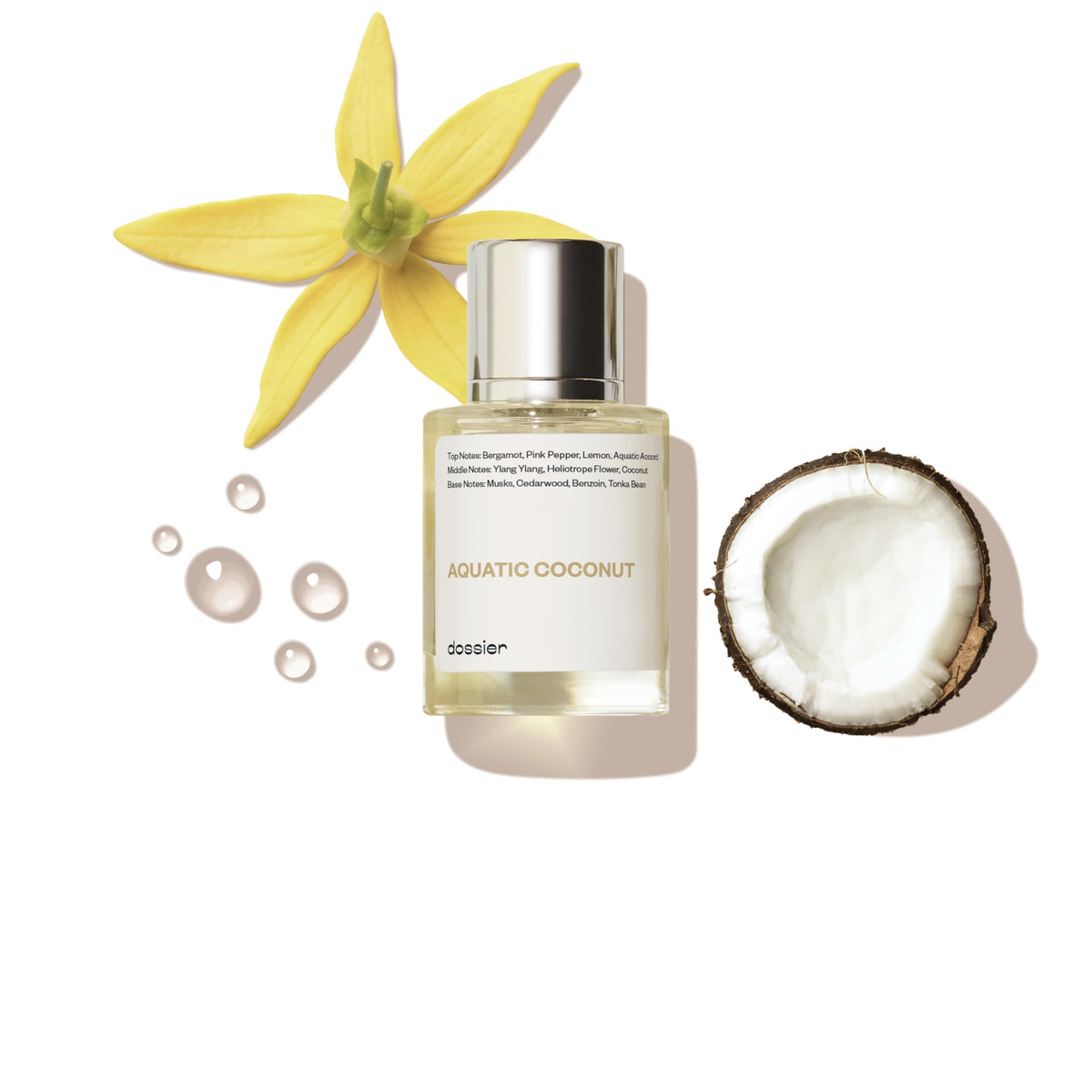 Dossier Aquatic Coconut, botella cercana, aroma fresco para uso diario.