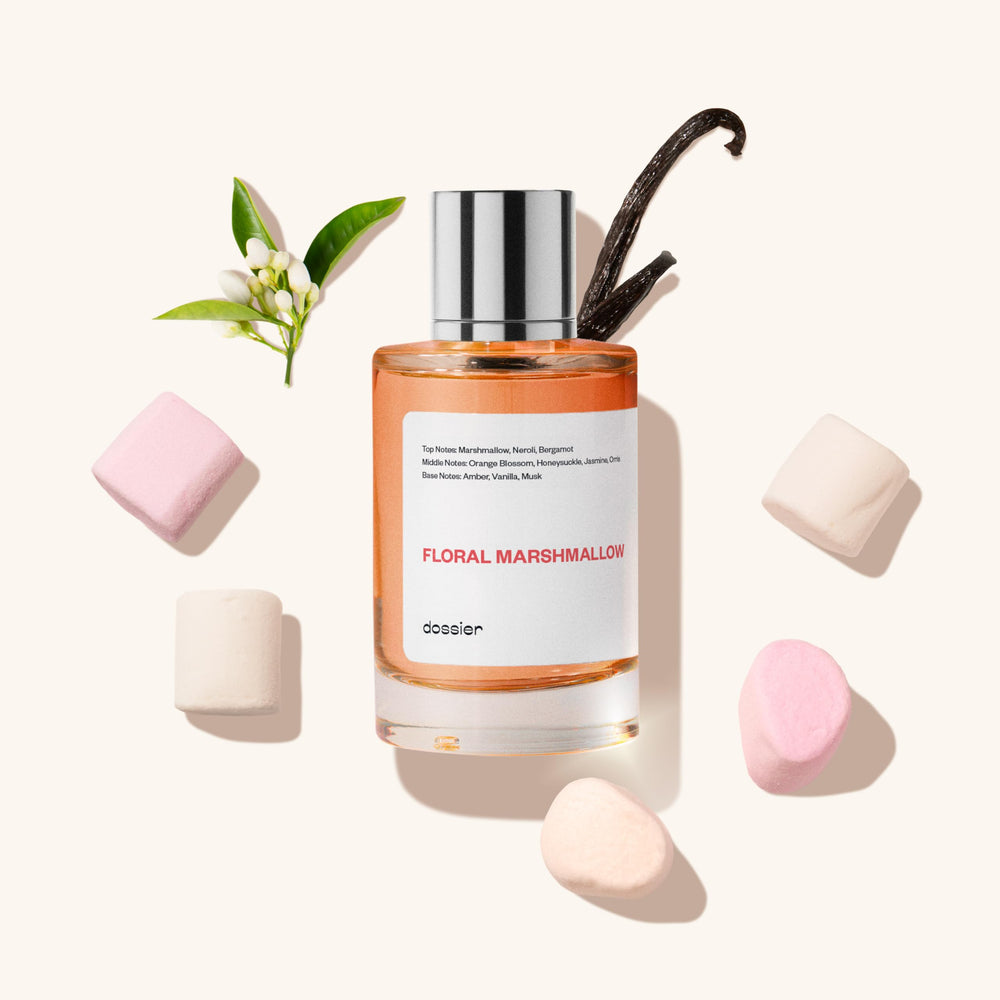 Dossier Floral Marshmallow: detalle frasco y etiqueta que transmite lujo
