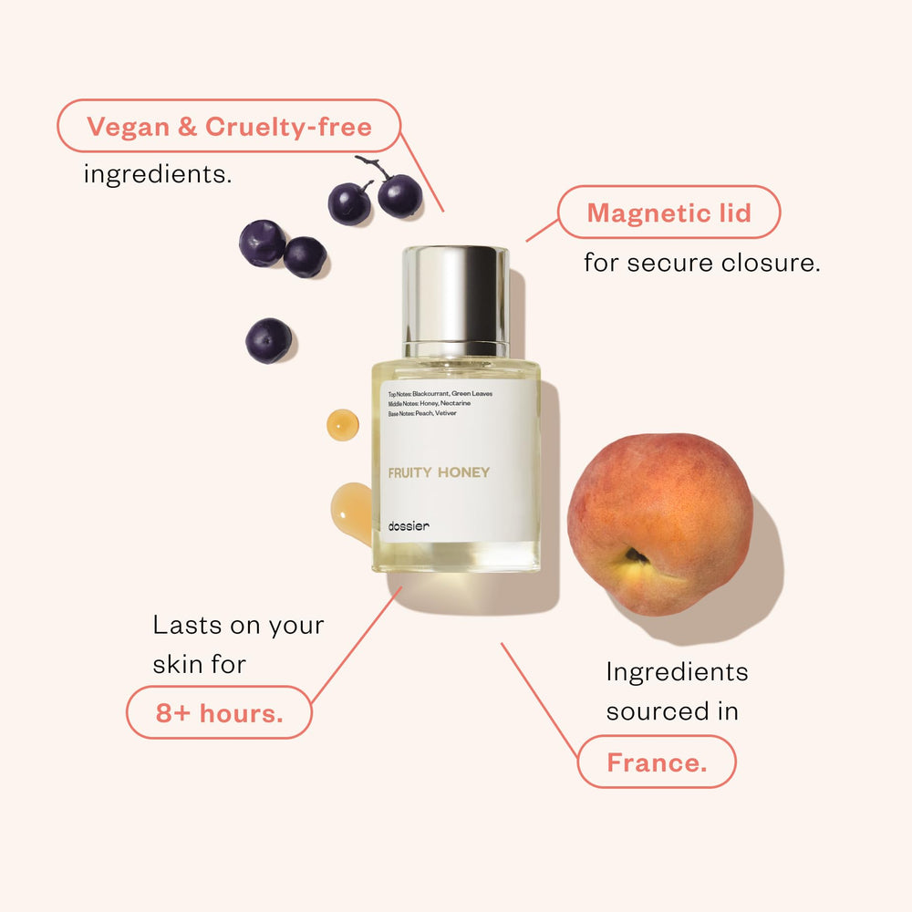 Dossier Fruity Honey poured spray captures a light, refreshing aroma for quick touch-ups.