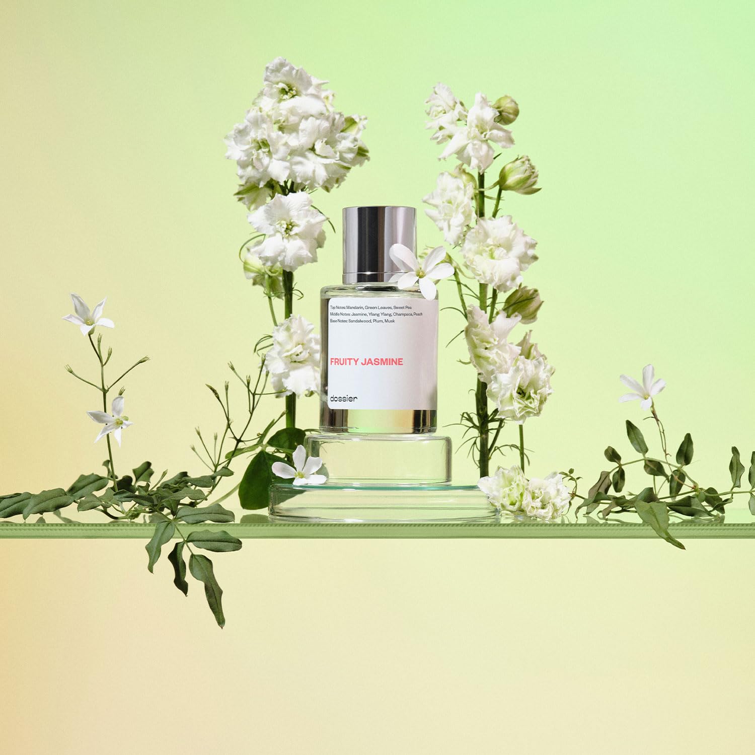 Dossier Fruity Jasmine packaging box highlighting vegan and paraben-free formula