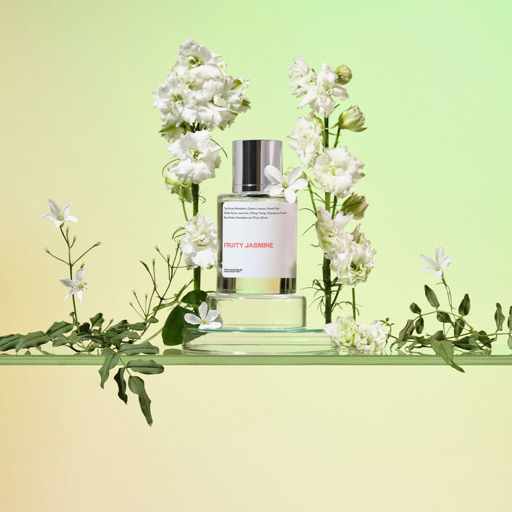 Dossier Fruity Jasmine packaging box highlighting vegan and paraben-free formula