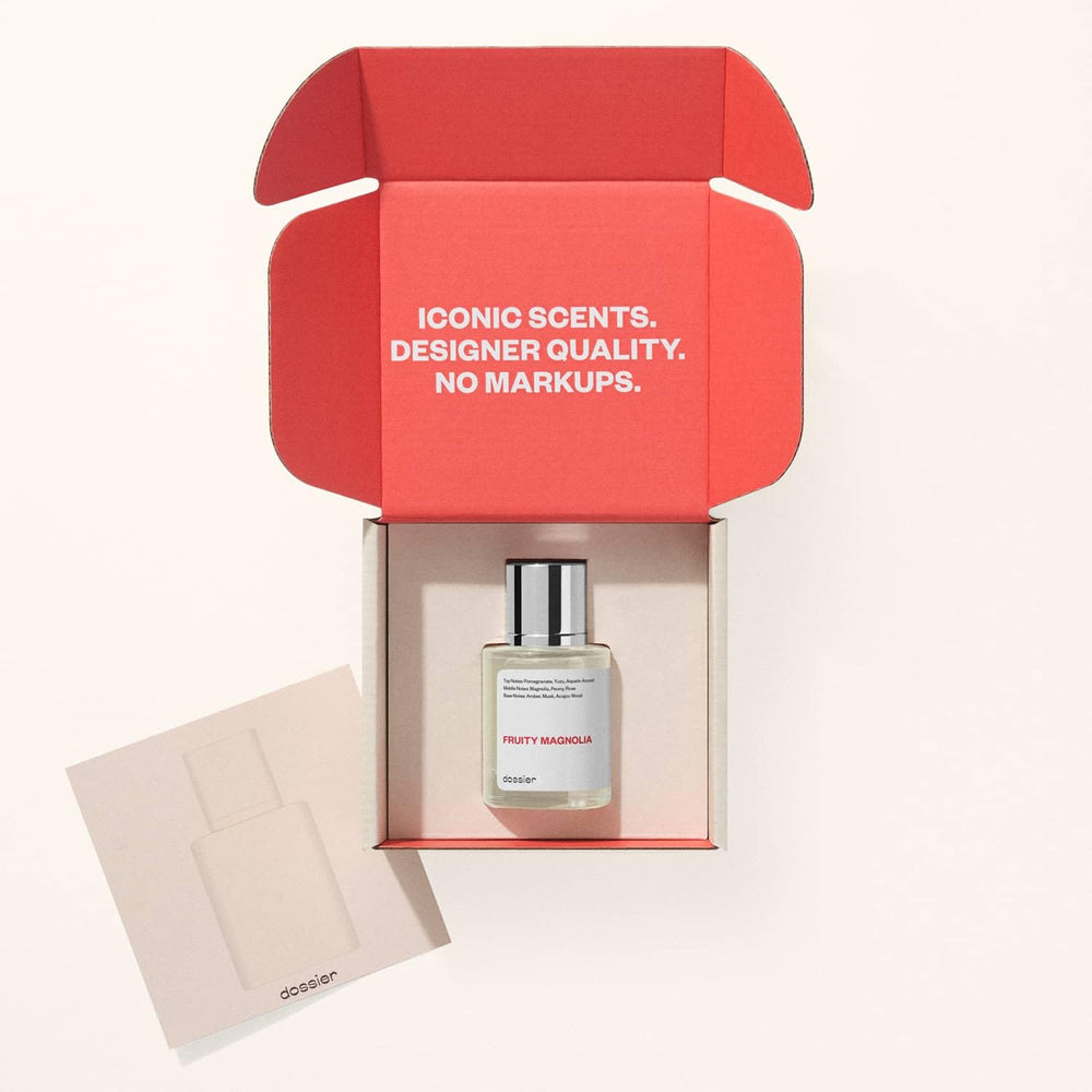Dossier Fruity Magnolia packaging conveys vegan, cruelty-free luxury at accessible price.