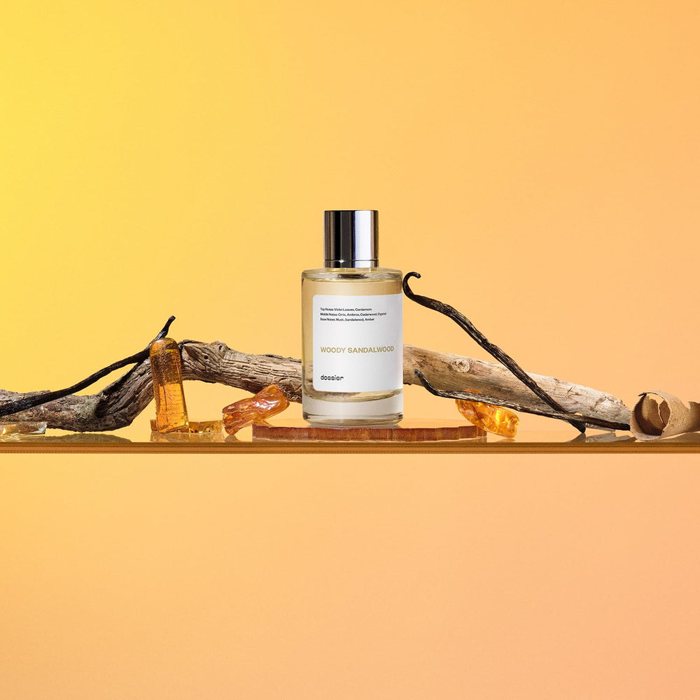 Dossier Perfume madera sandalo, cuerpo cálido ideal para noches especiales.