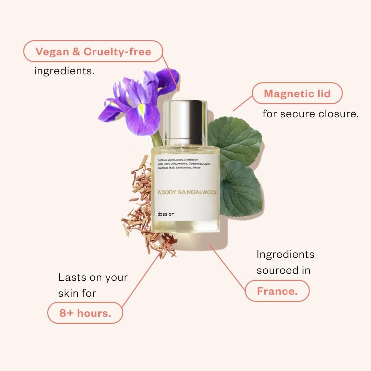 Dossier Perfume notas violetas y cardamomo, inicio fresco con fondo sensual.