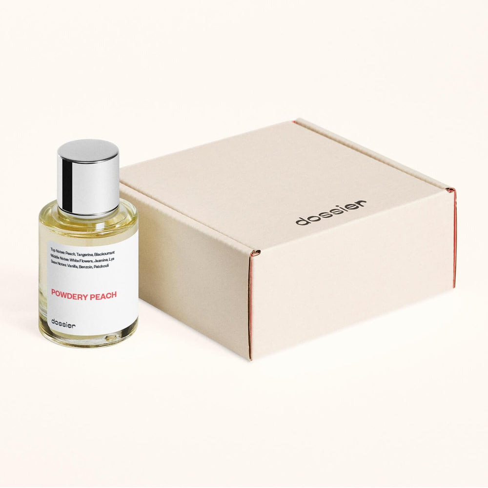 Dossier Powdery Peach: frasco de Grasse, fragancia de lujo a buen precio.