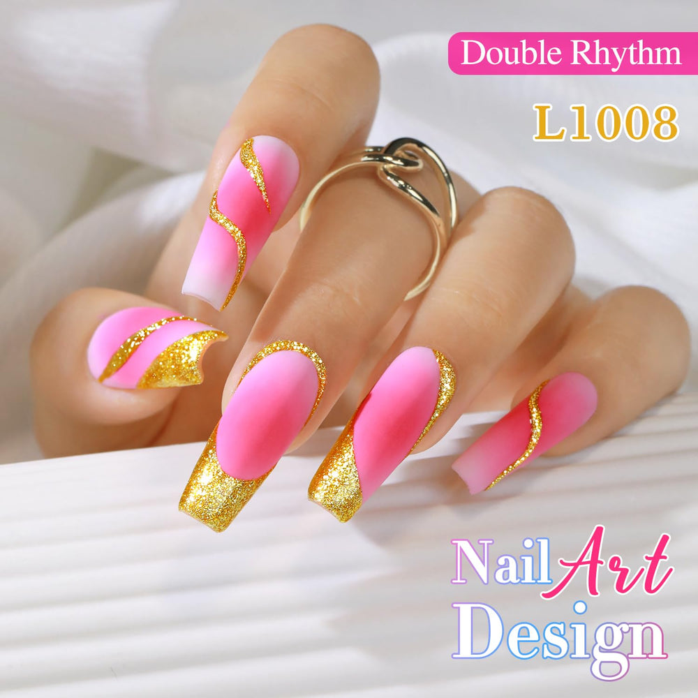 Arte de uñas con brillo metálico dorado de Double Rhythm.
