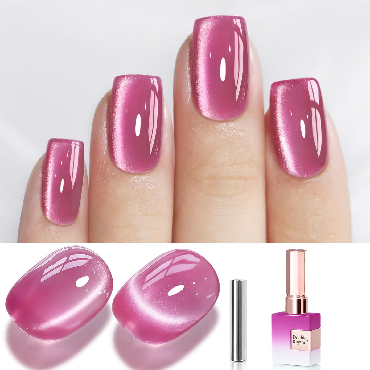 Double Rhythm, gel ojo de gato magnético, purpura-rosa para uñas con efecto deslumbrante.