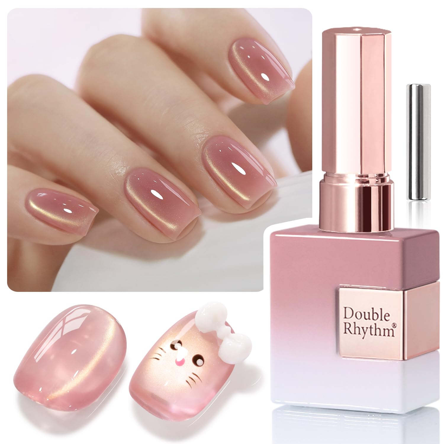 Esmalte gel Double Rhythm ojo de gato nude pink, imán para brillo discreto.