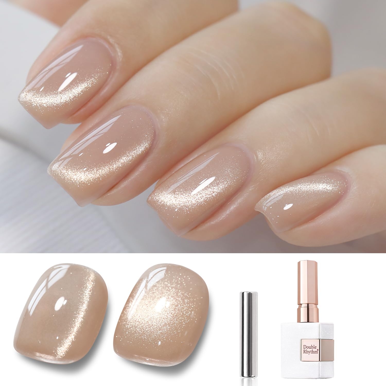 Double Rhythm Cat Eye Gel milky nude, muestra de acabado suave para uñas en casa.