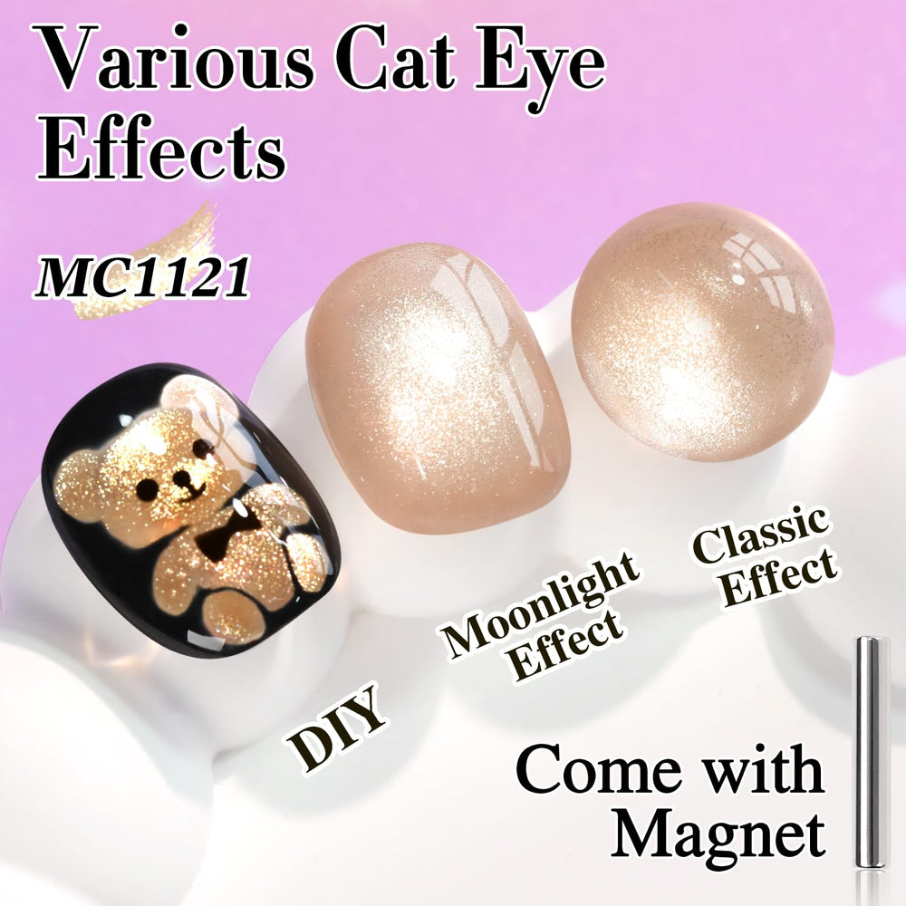 Double Rhythm Cat Eye Gel milky nude con imán, efecto destello holográfico en uñas.