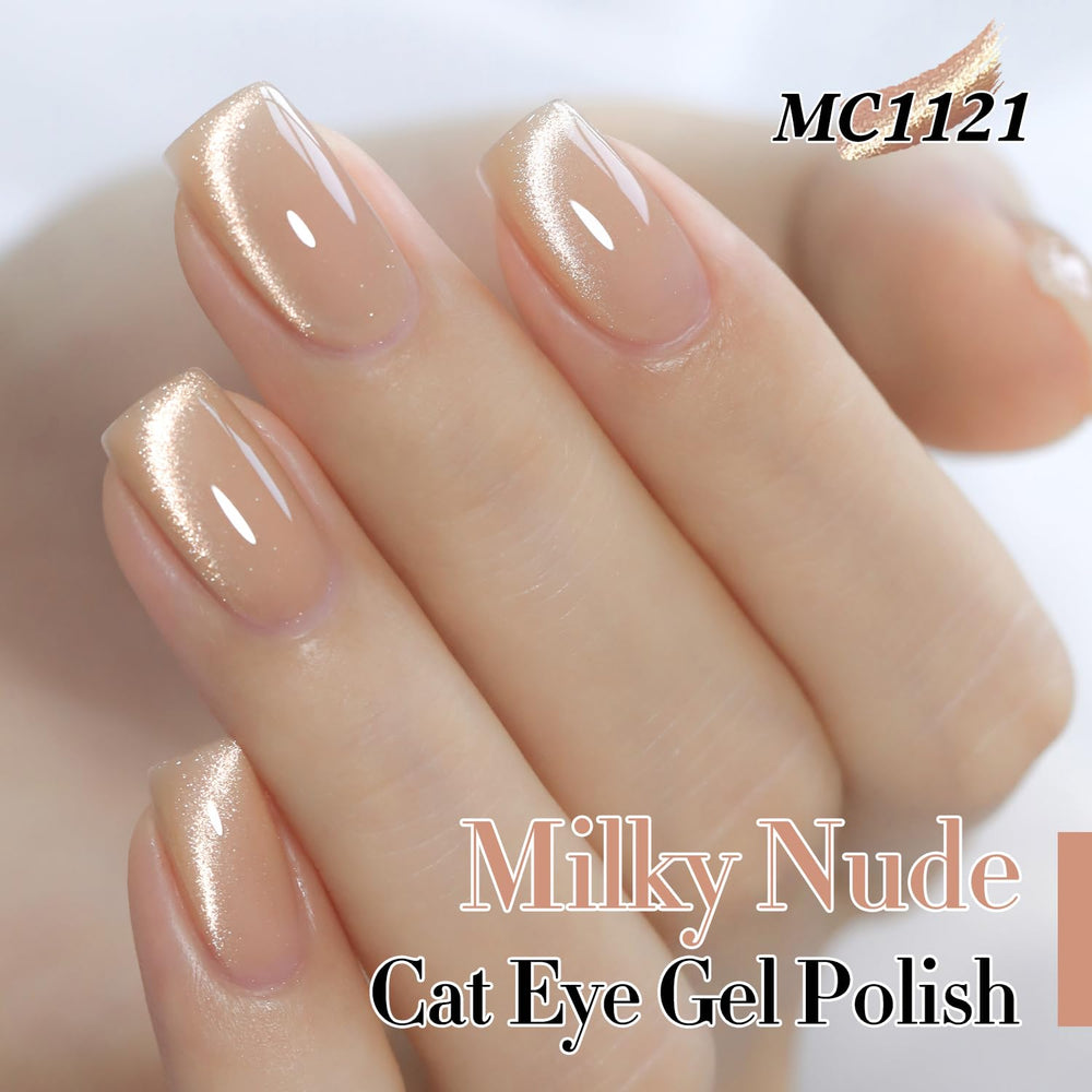 Double Rhythm Cat Eye Gel milky nude, curado con LED para secado rápido.