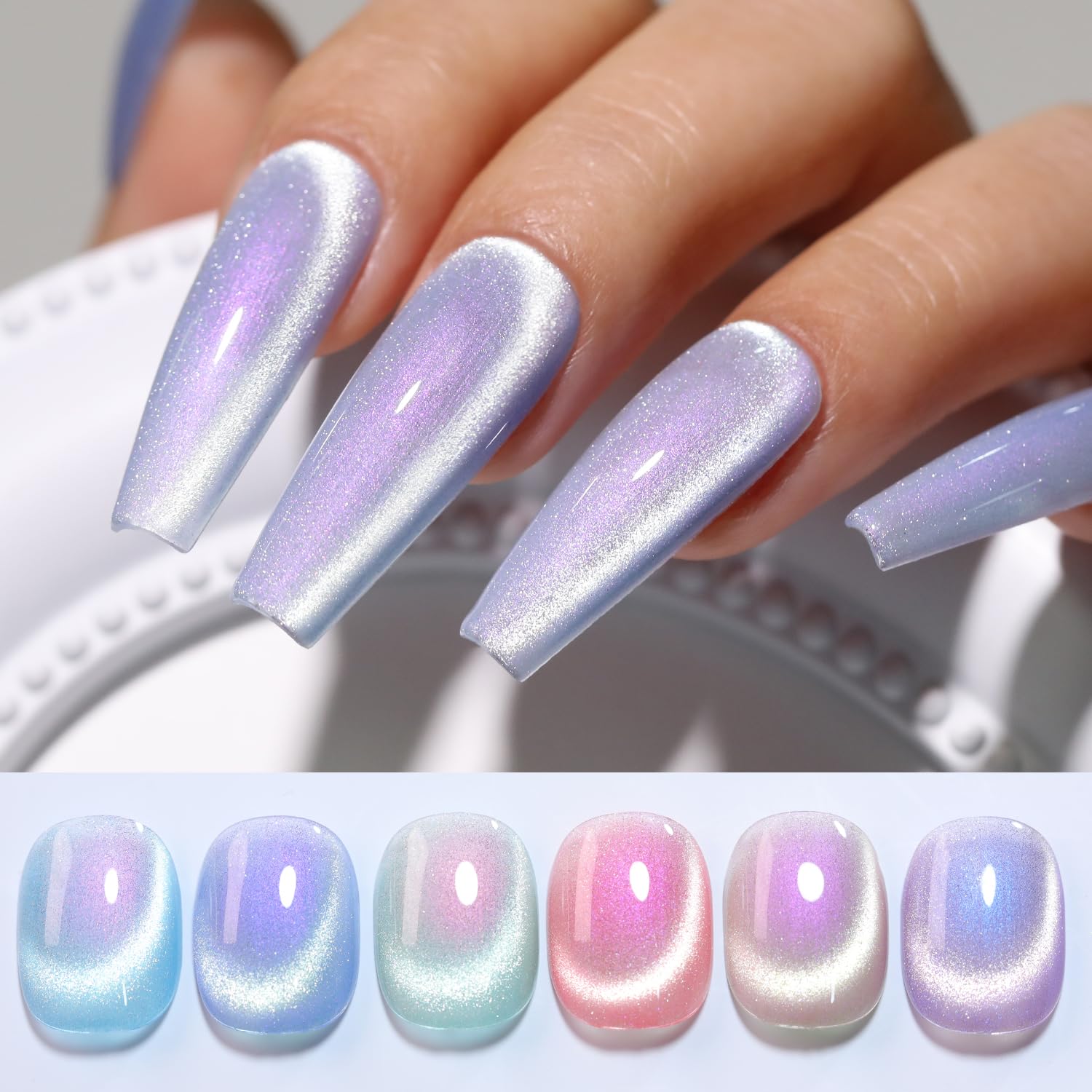 Set de gel ojo-gato de Double Rhythm para uñas con 6 colores vibrantes.