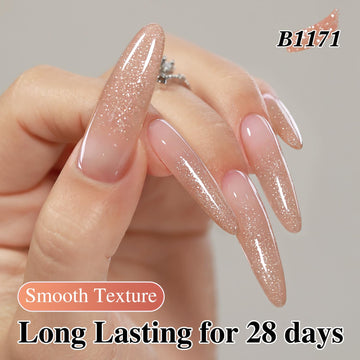 Textura suave del gel glitter para cubrir uñas con uniformidad.