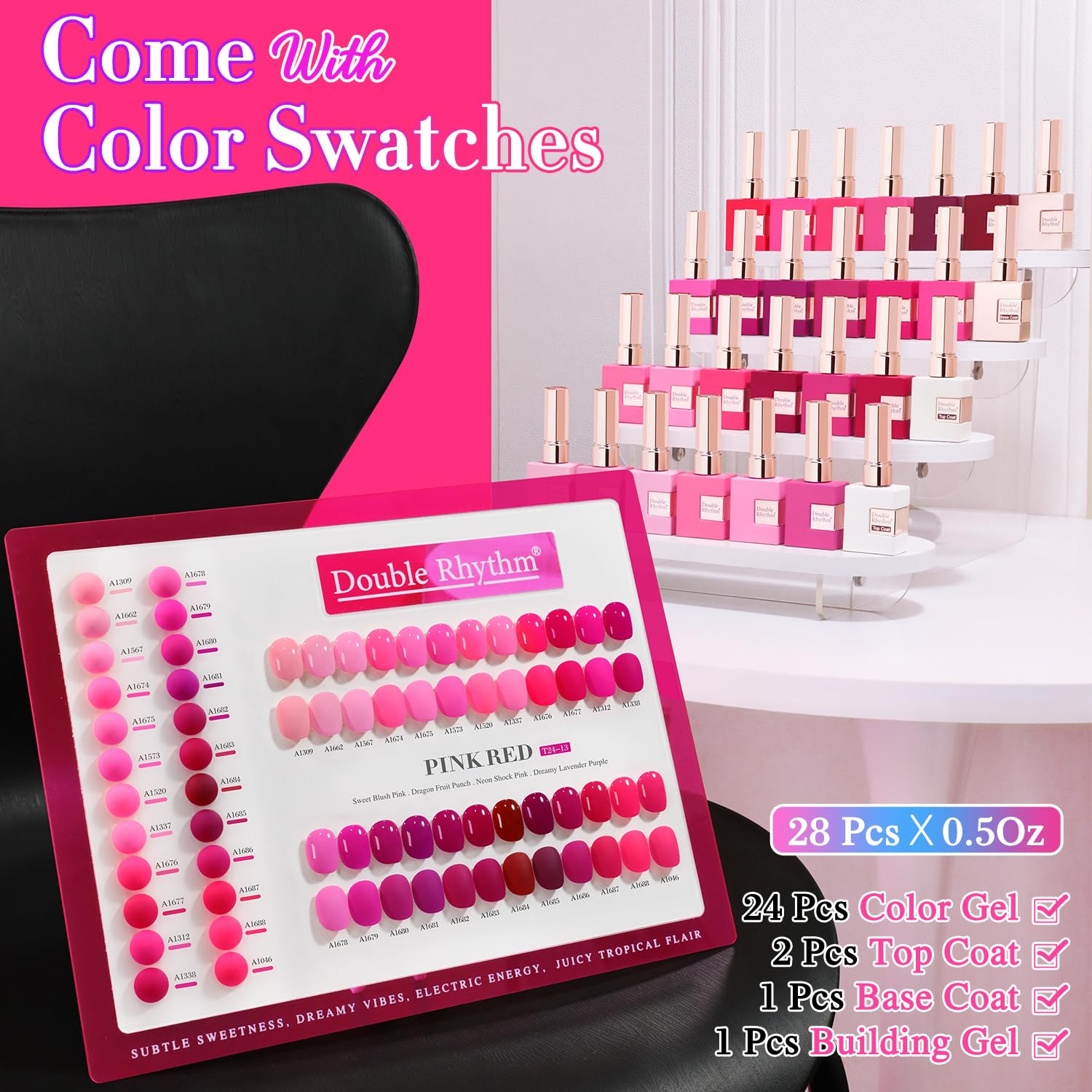 Couche-finition gel Double Rhythm, finition brillante et longue tenue sur ongles.