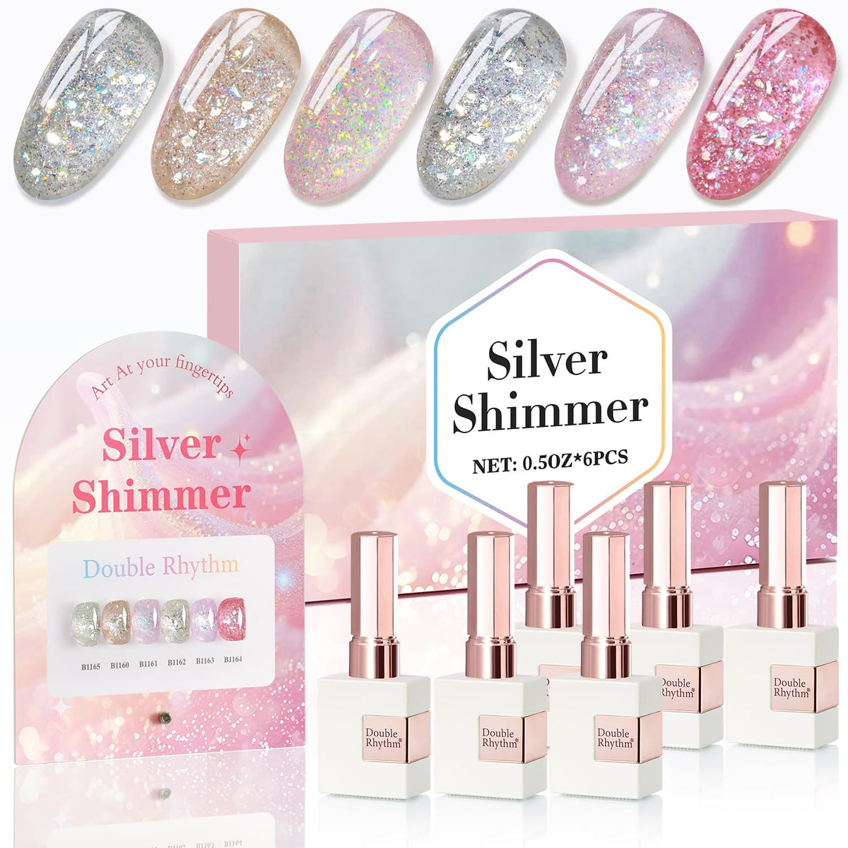 Double Rhythm ensemble vernis gel scintillant sur présentoir avec 6 teintes assorties