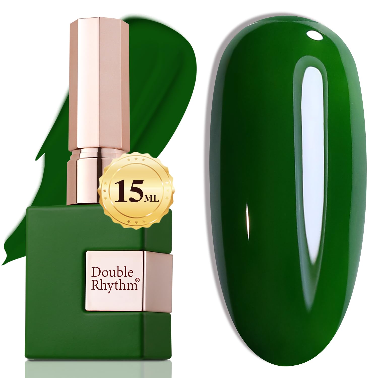 Double Rhythm esmalte gel verde oscuro en botella, tono consistente para uñas.