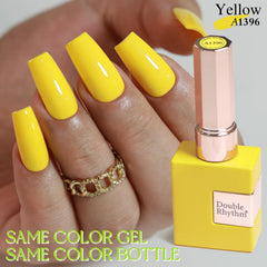 Double Rhythm Esmalte gel amarillo, tono translúcido y aplicación fácil para uñas.